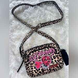 Ed Hardy Pink and Red Accented Leopard Crossbody Bag
